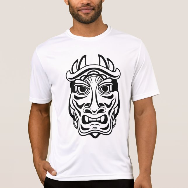 Japanese Oni Mask Tribal Demon Line Art T Shirt (Framsida)