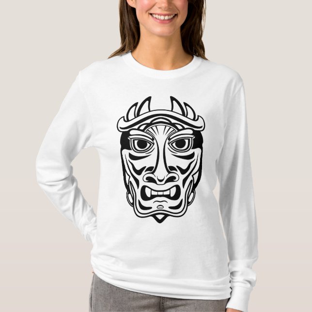 Japanese Oni Mask Tribal Demon Line Art T Shirt (Framsida)