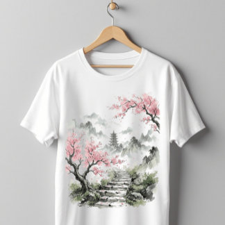 Japanese Pagoda & Cherry Blossom Watercolor Art T Shirt
