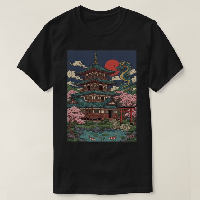Japanese Pagoda Dragon Sunset T Shirt (Design framsida)