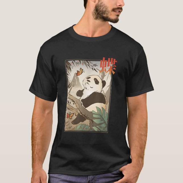 Japanese Panda Bear Japan Butterfly Animal Nature T Shirt (Framsida)