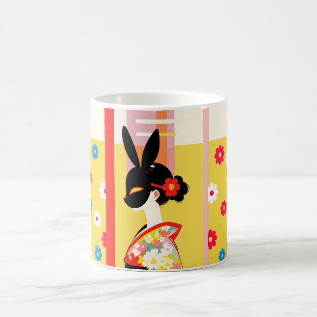 Japanese Rabbit Mask – Retro Floral Mug Kaffemugg (Center)