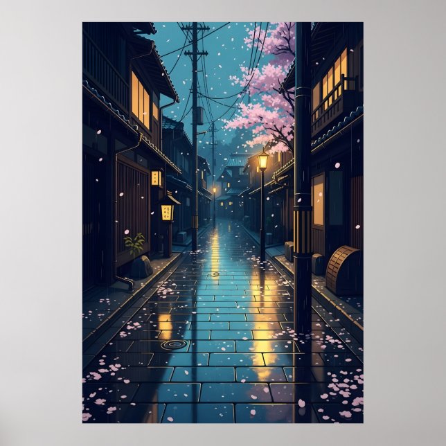 Japanese Rainy Cozy Cherry Blossom Street Anime Poster (Framsidan)
