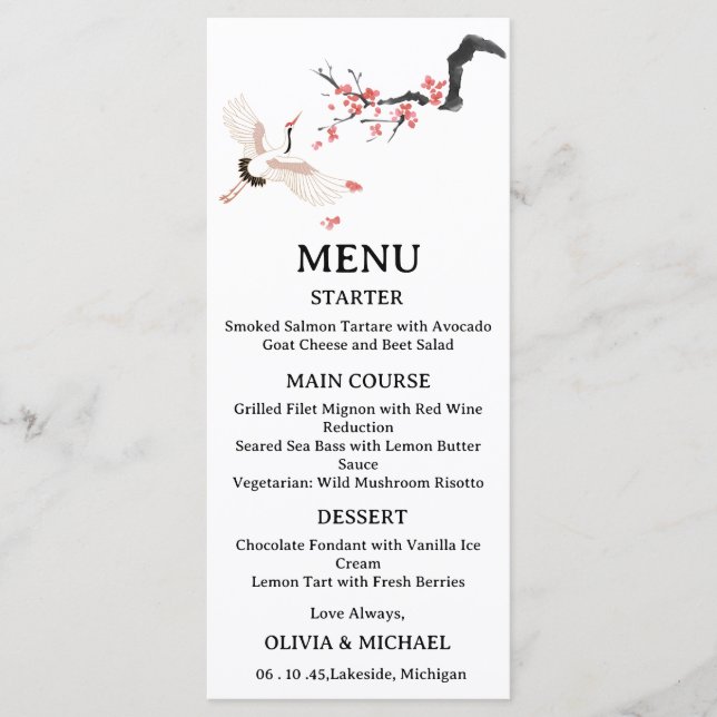 Japanese Red-Crowned Crane Wedding Menu Card  Meny (Framsida)