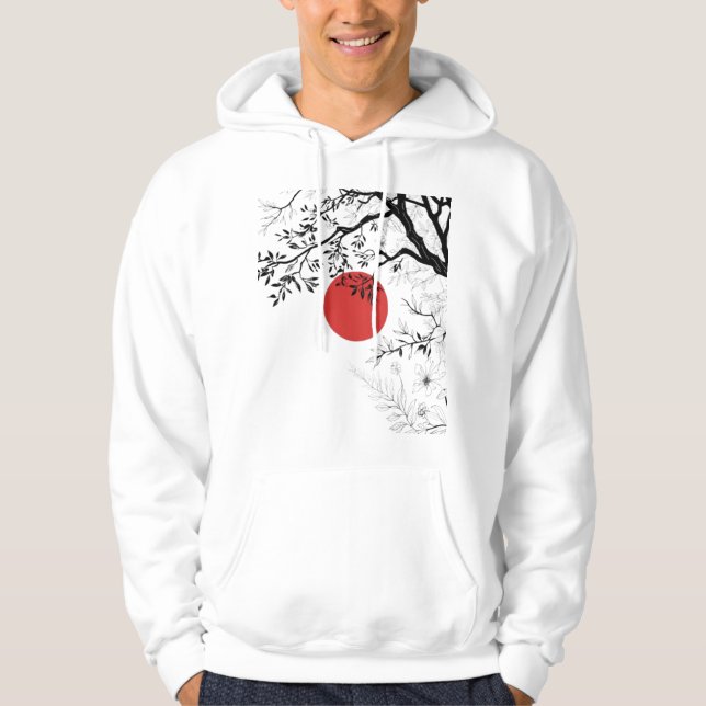 Japanese Red Sun & Brush Tree Art Hoodie (Framsida)