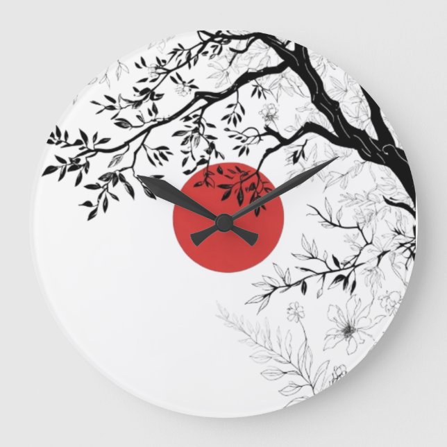 Japanese Red Sun & Brush Tree Art Stor Klocka (Framsida)