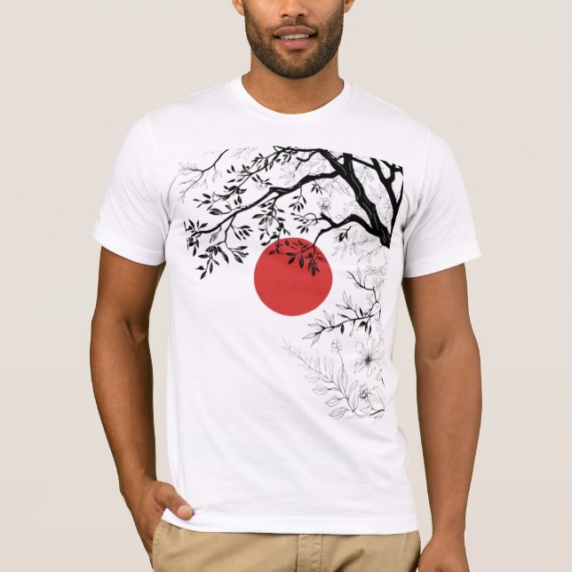 Japanese Red Sun & Brush Tree Art T Shirt (Framsida)
