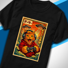 Japanese Retro Vintage UFO Cat Graphic Funny Gamer T Shirt
