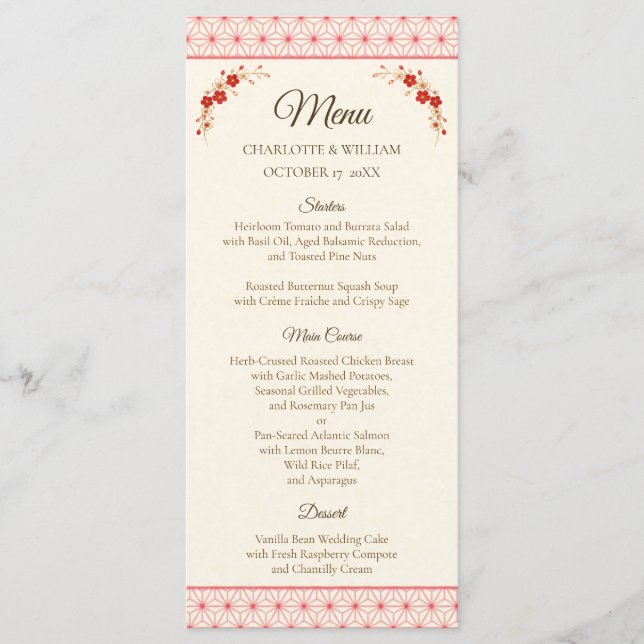 Japanese Sakura Asanoha Wedding Menu Meny (Framsida)