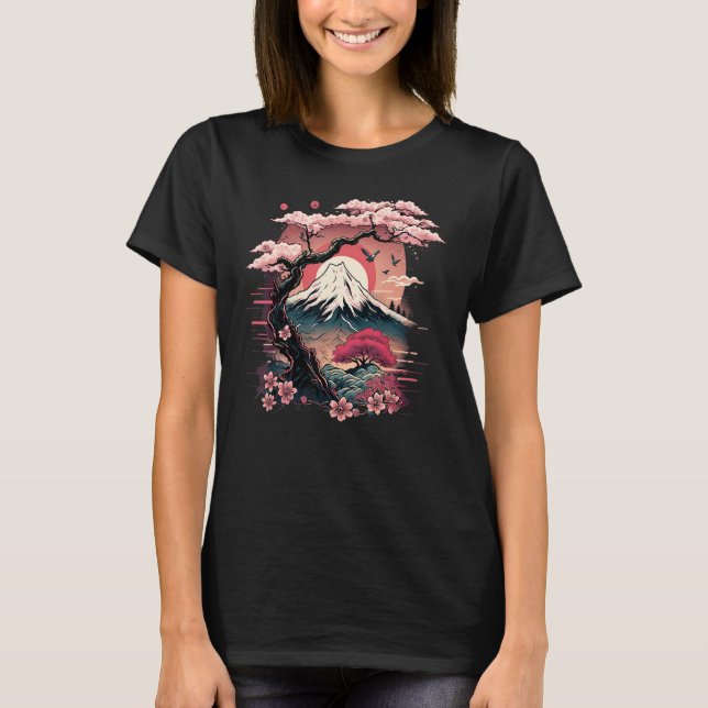 Japanese Sakura Garden Geisha Mount Fuji Cherry Bl T Shirt (Framsida)