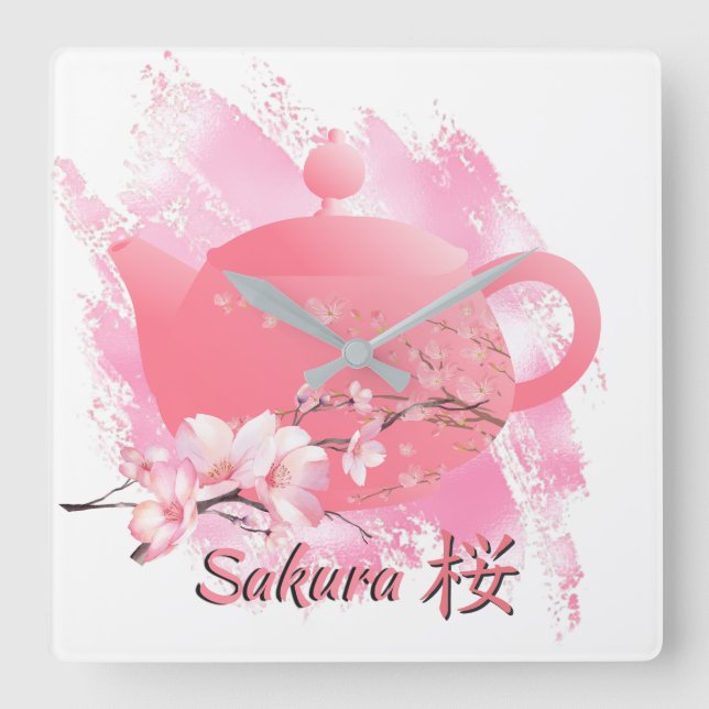 Japanese Sakura Teapot Wall Clock  Fyrkantig Klocka (Framsida)