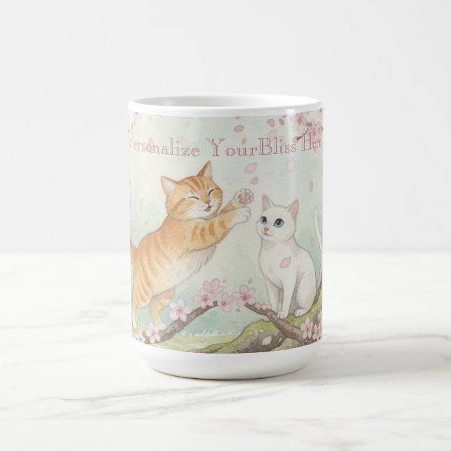 Japanese Sakura & Zen Cats Watercolor  Kaffemugg (Center)
