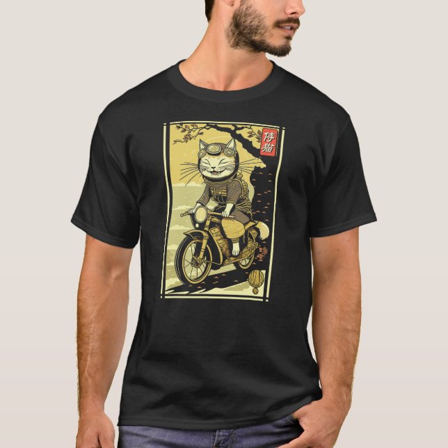 Japanese Samurai Cat on Motorcycle Kawaii Ninja Ca T Shirt (Framsida)