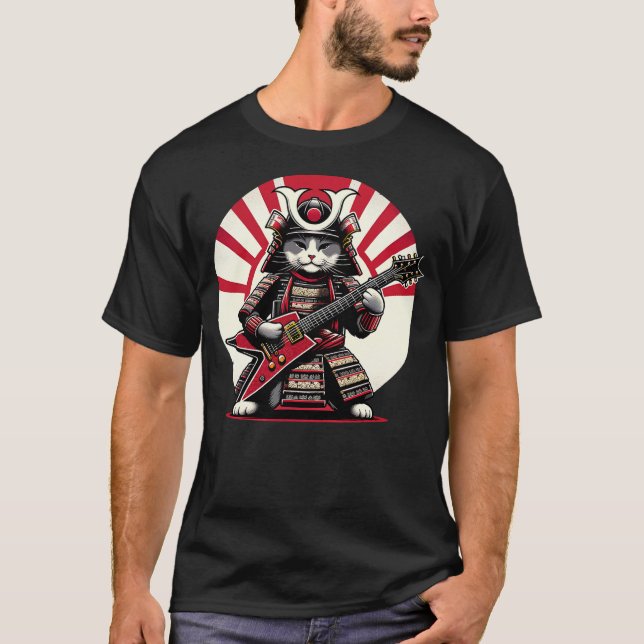 Japanese Samurai Cat Playing Electric Guitar Playe T Shirt (Framsida)