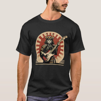 Japanese Samurai Cat Playing Electric Guitar Retro T Shirt