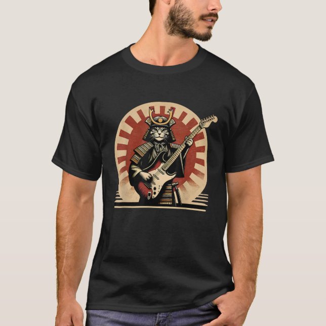 Japanese Samurai Cat Playing Electric Guitar Retro T Shirt (Framsida)