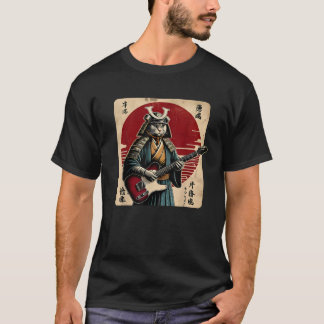 Japanese Samurai Cat Playing Electric Guitar Retro T Shirt