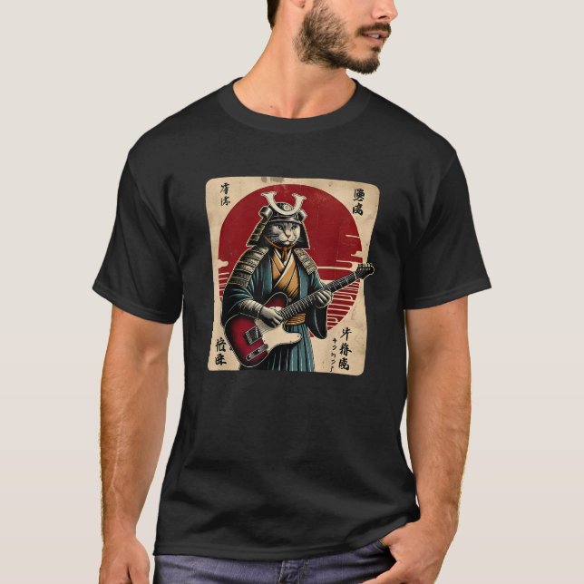 Japanese Samurai Cat Playing Electric Guitar Retro T Shirt (Framsida)