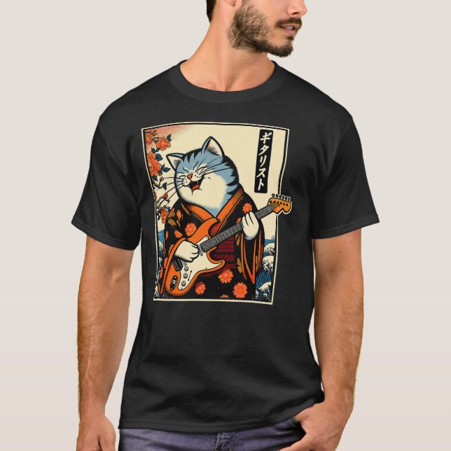 Japanese Samurai Cat Playing The Electric Guitar T Shirt (Framsida)