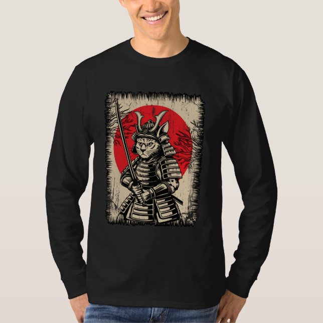 Japanese Samurai Cat Warrior Kawaii Ninja Ukiyo-e  T Shirt (Framsida)