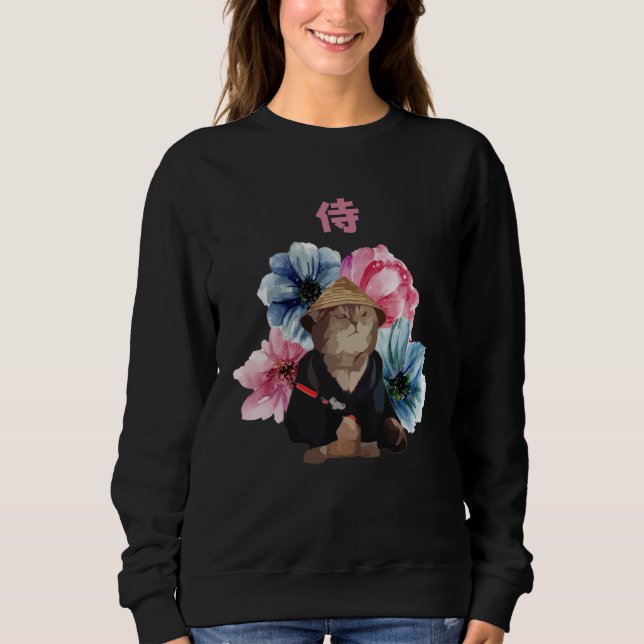 Japanese Samurai Cat Watercolor Flowers T Shirt (Framsida)