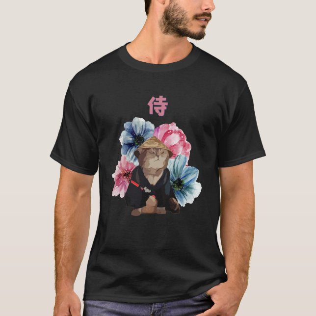 Japanese Samurai Cat Watercolor Flowers T Shirt (Framsida)