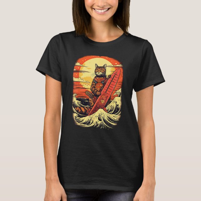 Japanese Samurai Cat with wave & mountain Illustra T Shirt (Framsida)