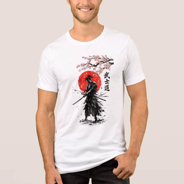 Japanese Samurai Cherry Blossom Sun Graphic Tee (Framsida)