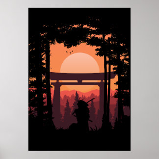 Japanese Samurai In Sunset Poster