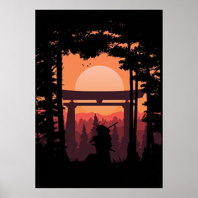 Japanese Samurai In Sunset Poster (Framsidan)