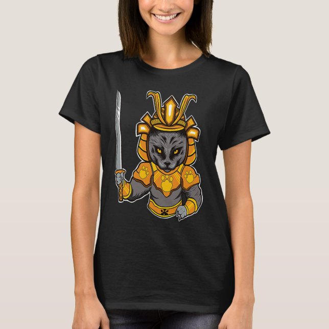 Japanese Samurai Katana Ninja Cat Sword Feline Oyo T Shirt (Framsida)