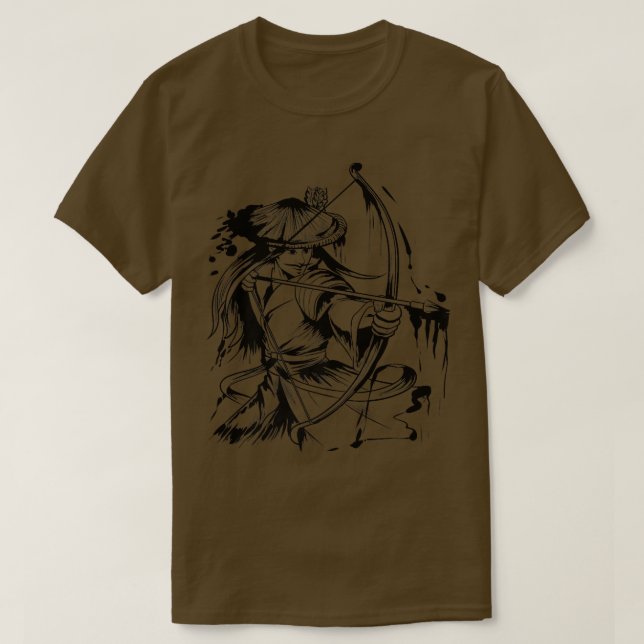 Japanese Samurai Kyudo Archer Black Drawing  (2) T Shirt (Design framsida)