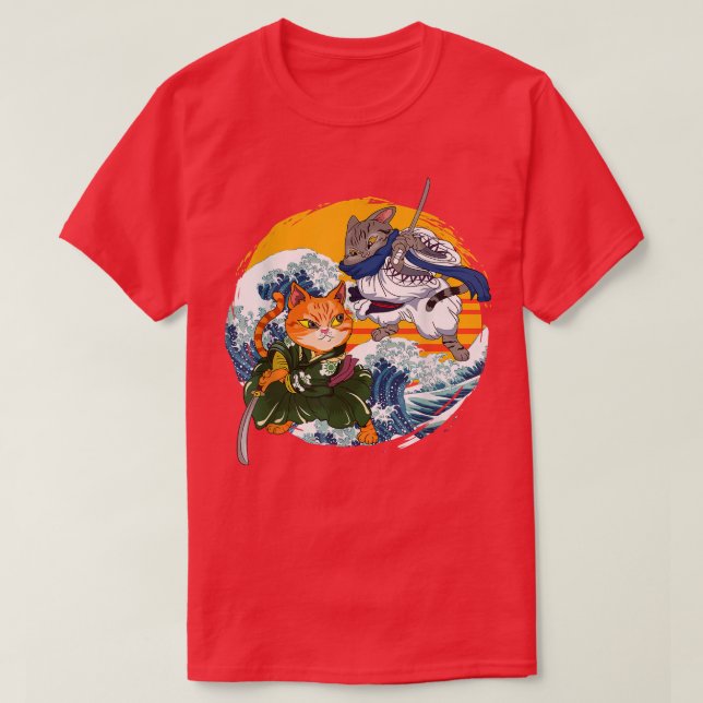 Japanese Samurai Ninja Cat Kawaii Cat Warrior Anim T Shirt (Design framsida)