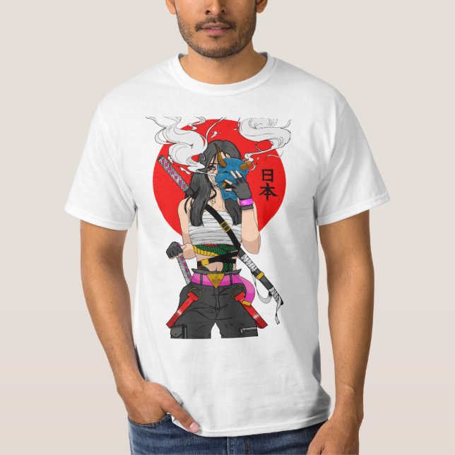 Japanese Samurai Vaporwave Cool Girl  T Shirt (Framsida)