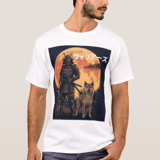 Japanese Samurai Warrior and Shiba Inu Dog Full Mo T Shirt