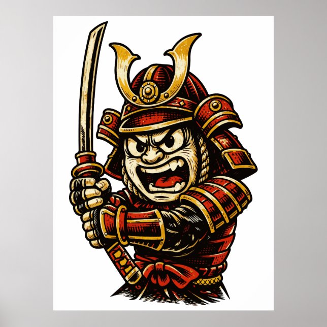 Japanese Samurai Warrior Red Armor Cartoon Art Poster (Framsidan)