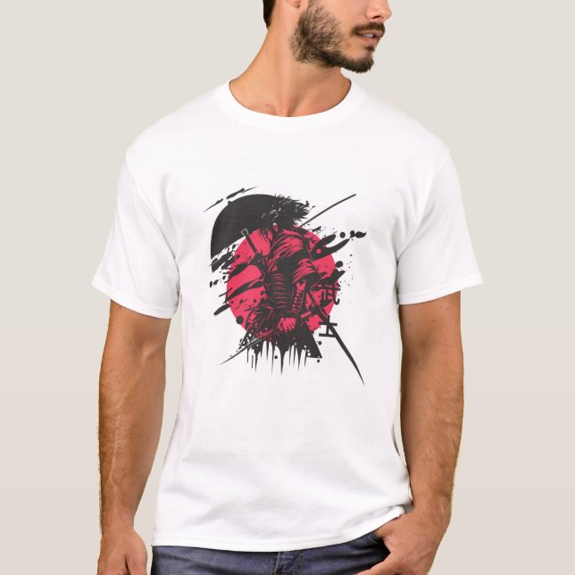 Japanese Samurai Warrior Silhouette Red Sun T-shir T Shirt (Framsida)