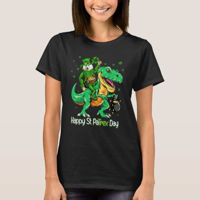 Japanese Spitz Ridning Dinosaur Patricks Day Shamr T Shirt (Framsida)