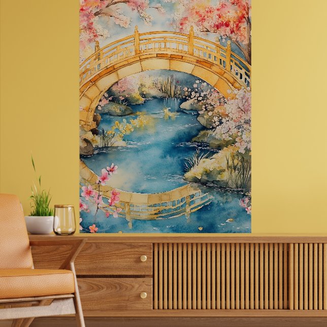 Japanese-style arched bridge spans a tranquil rive poster (Vardagsrum 2)