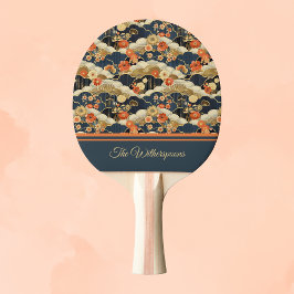 Japanese Style Retro Teal Floral and Clouds Print Pingisracket