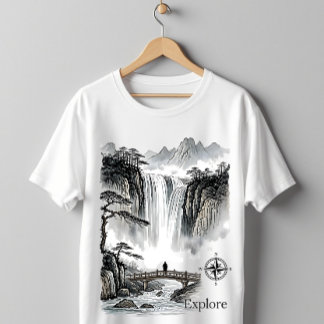 Japanese Sumi-e Waterfall Zen Explore Landscape T Shirt