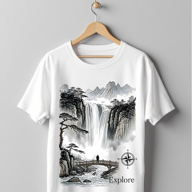 Japanese Sumi-e Waterfall Zen Explore Landscape T Shirt (Skapare uppladdad)