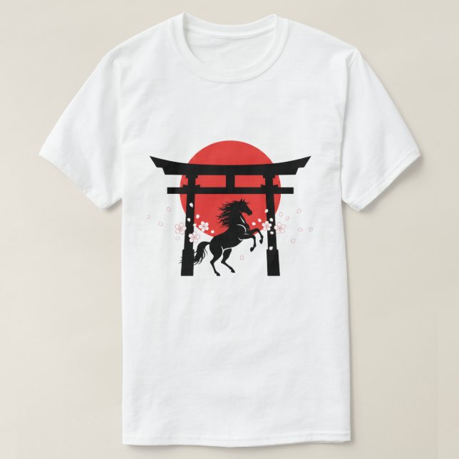 Japanese Sunrise Torii & Horse Silhouette Art T Shirt (Design framsida)
