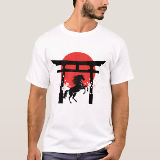 Japanese Sunrise Torii & Horse Silhouette Art T Shirt