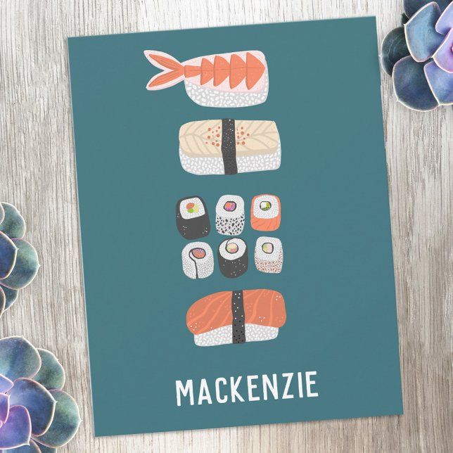 Japanese Sushi Personalized Anteckningskort (Fun Japanese sushi personalized custom name or text notecards)