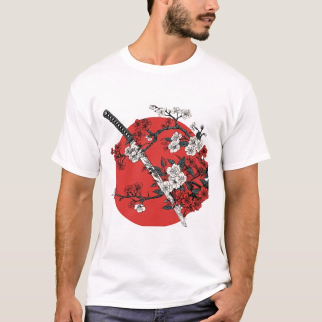 Japanese Sword & Cherry Blossom T Shirt (Framsida)