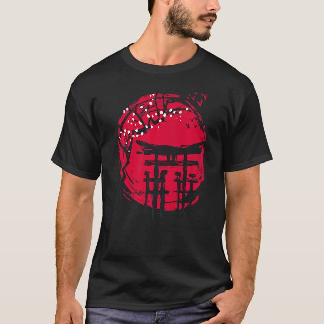 Japanese Temple Characters Red Sun Cherry Blossom T Shirt (Framsida)