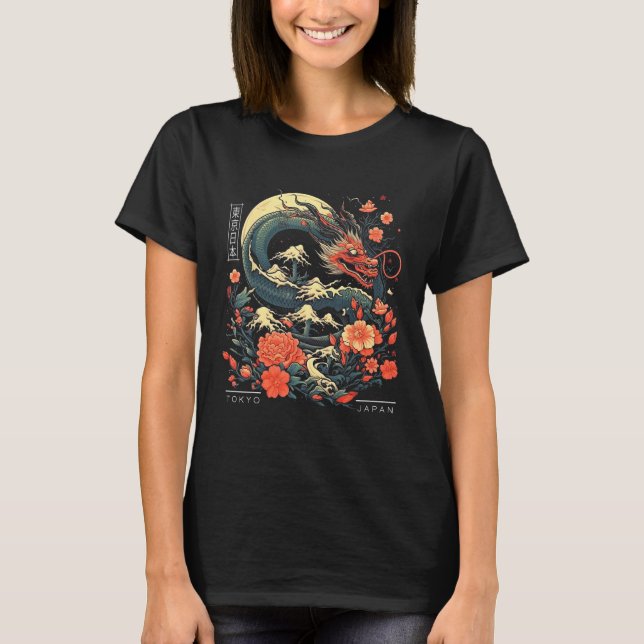Japanese Tokyo Dragon Asian Tattoo Retro 80u2019s  T Shirt (Framsida)