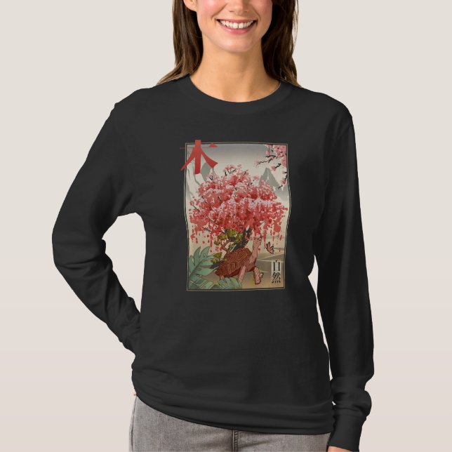 Japanese Turtle and butterfly Japanese Blossom tre T Shirt (Framsida)