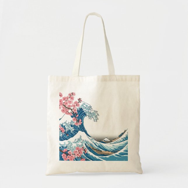 Japanese Ukiyo-e Wave and Cherry Blossom Tote Bag Tygkasse (Framsidan)